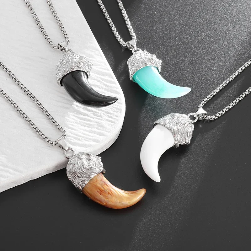 Властный лев, рог буйвола, волчье ожерелье с зубом и камнем, мужская ювелирная подвеска в стиле панк, ожерелье с индийским зверем