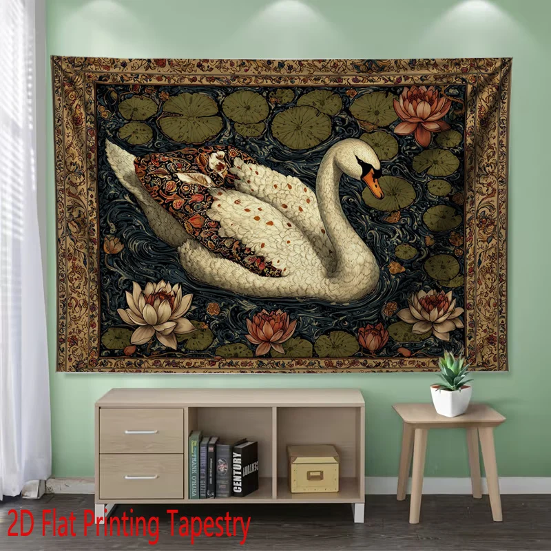 Luxurious Swan Floral Tapestry Wall Hanging Polyester Art Print Vintage Boho Jungle Decor for Living Room Bedroom Home Decoratio