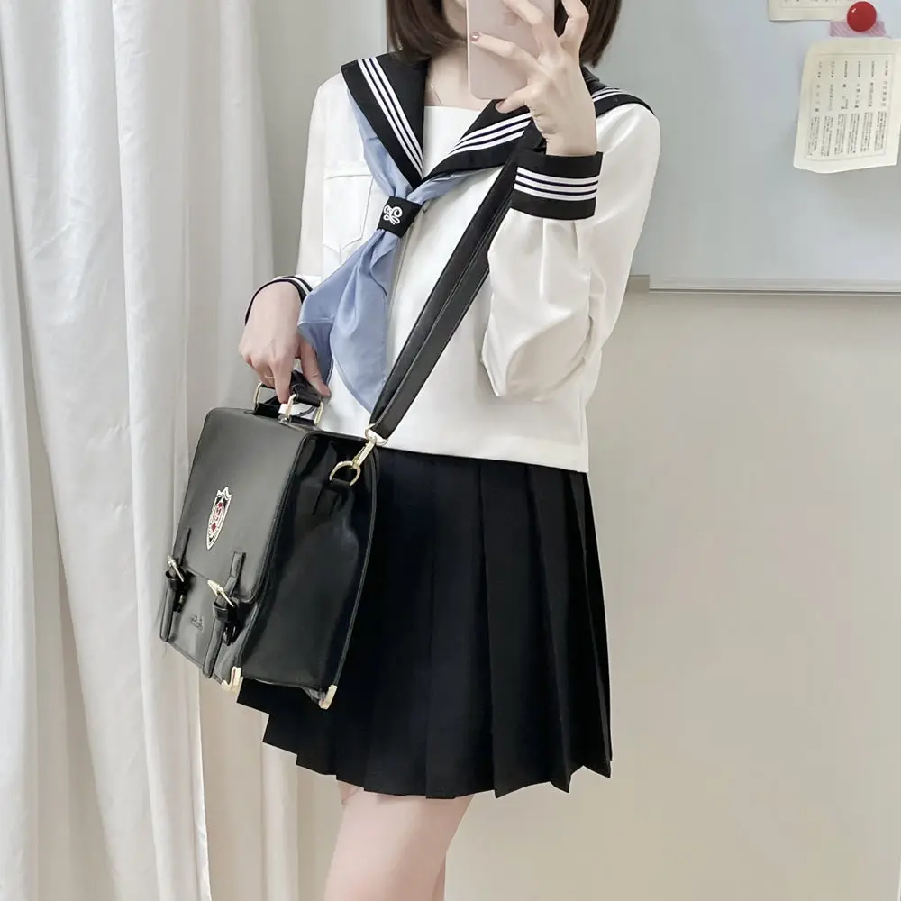 Conjunto de uniforme de escuela secundaria japonesa para mujer, traje de marinero de manga larga, falda negra, corbata azul, uniformes coreanos Jk Seifuku