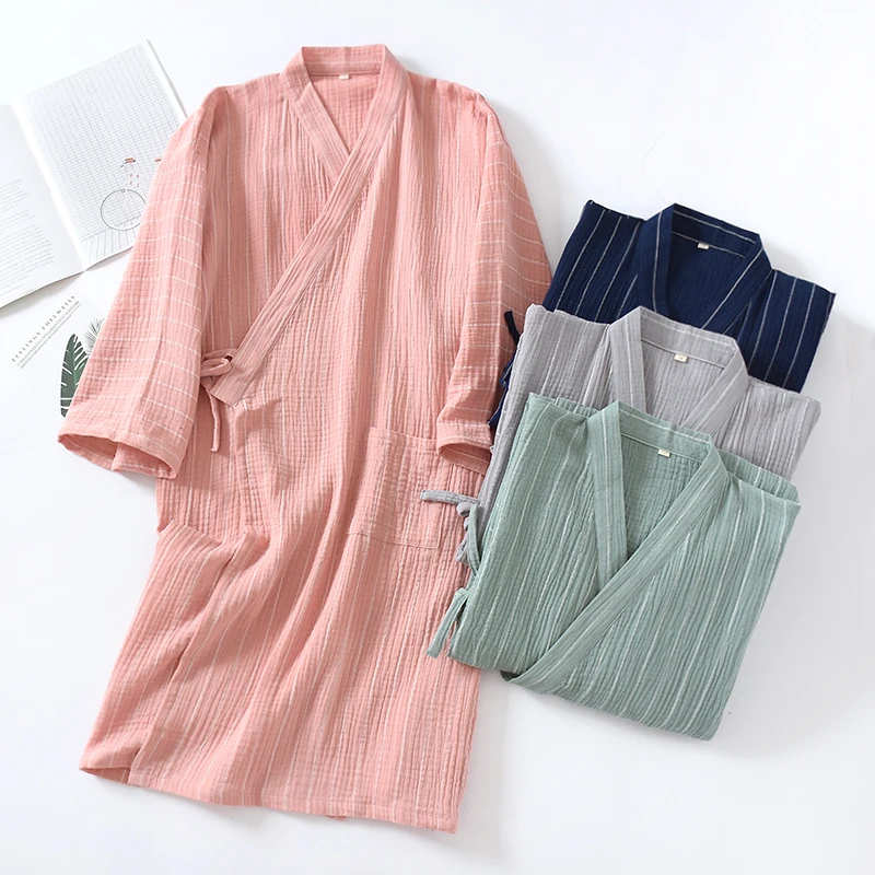 Spring Autumn Japanese Couples Cotton Kimono Robe men's Large Size lace-up Yukata women's Nightdress Long Pajamas Summer Thin