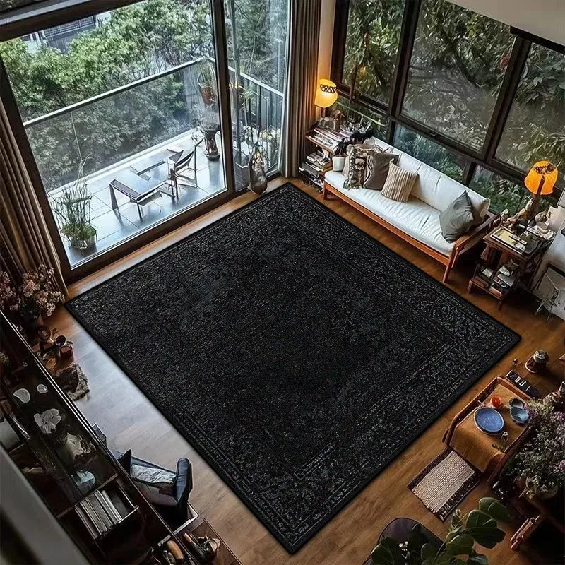 Black Gray Vintage Persian Rug Mid Century Non Slip Stain Resistant Floor Mat for Living Room Study Retro Home Decor