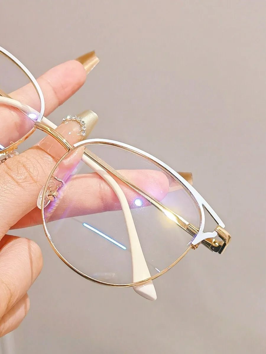 1pc Women's Lightweight Metal Frame Round Hollow Out Eyebrow Design Fashionable Clear Lens Glasses, Multiple Colors Available,