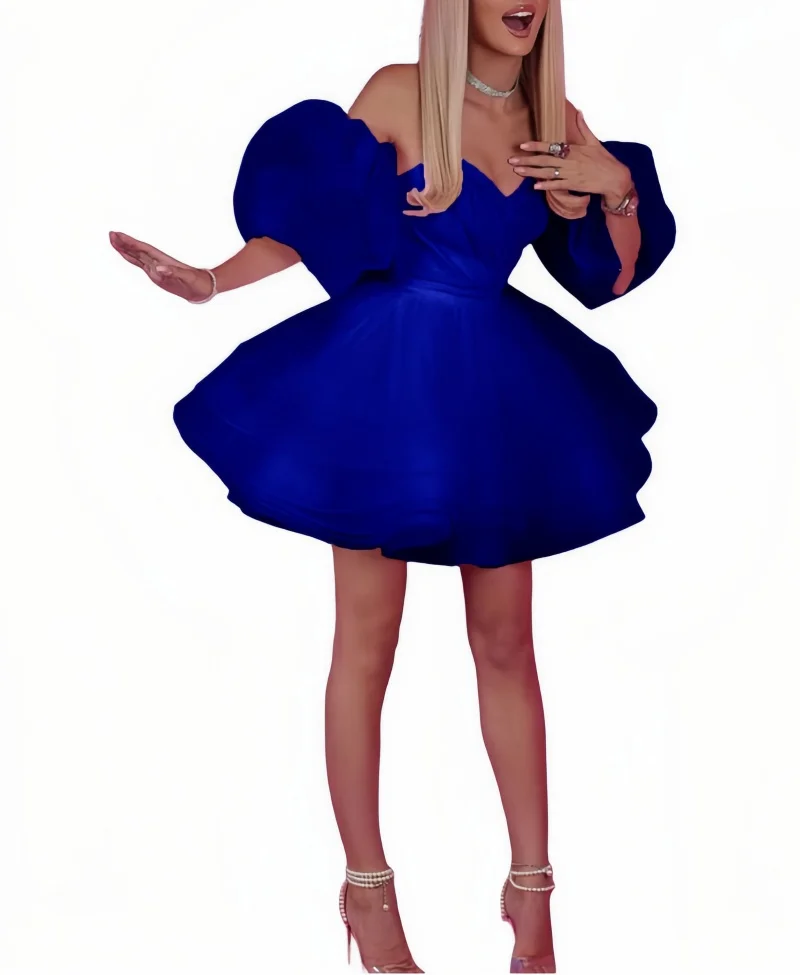 Satin and Tulle Off Shoulder Party Prom Dresses Sweetheart Short Homecoming Dress A-Line Bubble Sleeves Ball Gowns