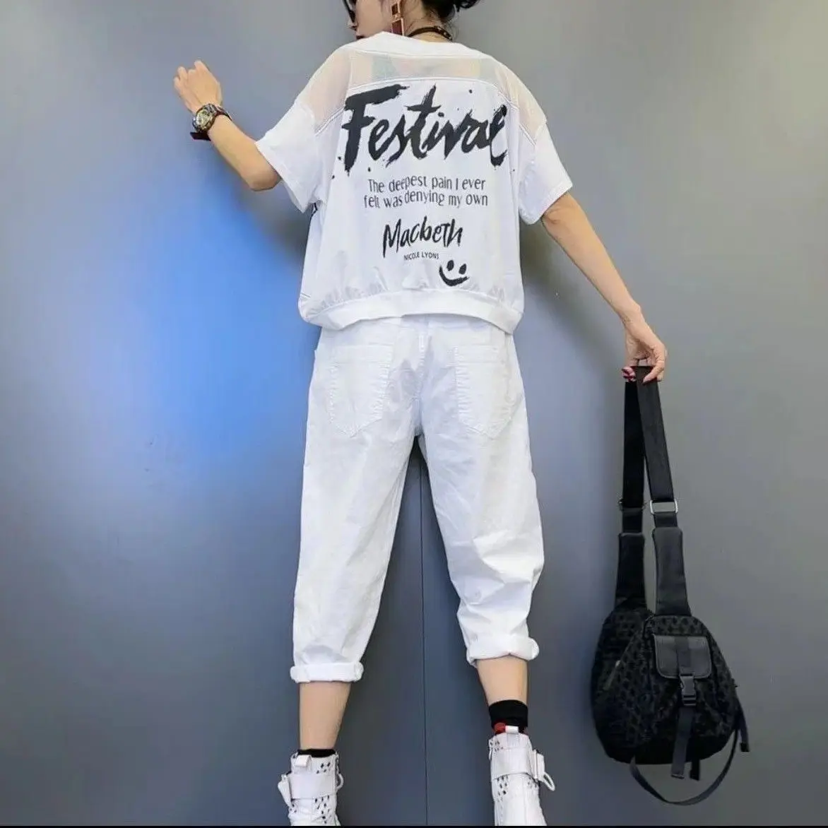 White 2024 Summer New Women Letter Printed Pant Set O-Neck Short Sleeve Harem Pant Patchwork Mesh Fashion Set