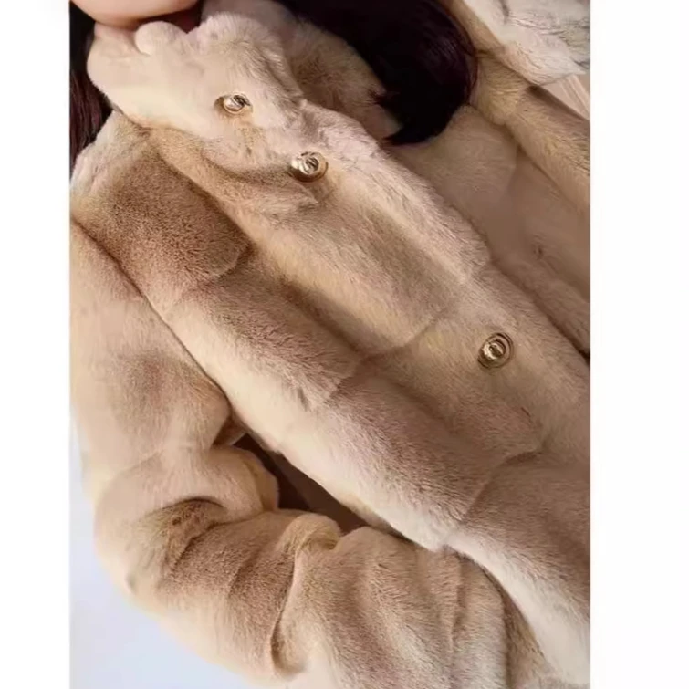 Faux Fur Coats Women Mid Length Coat Thick Warm Stand Collar White Apricot Open Stitch Autumn Winter Maxi Furry Outerwear