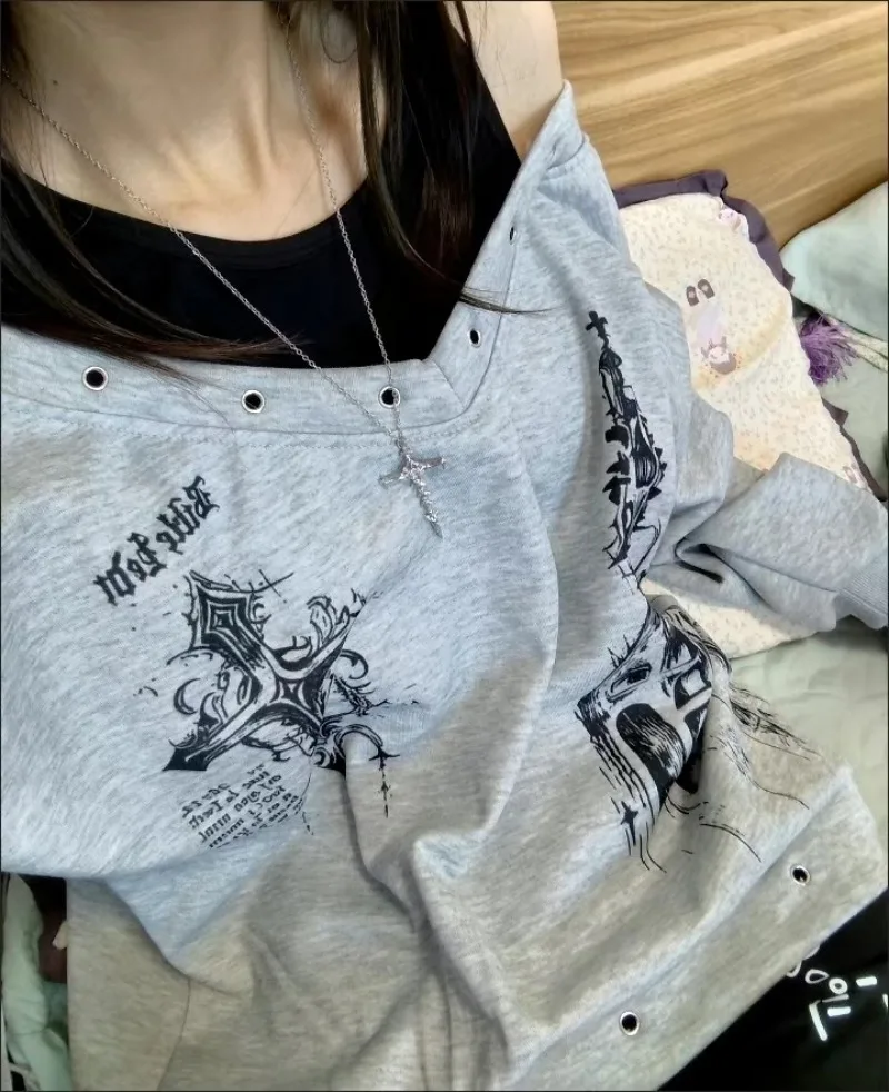 

Субкультурный панк-рок свитшот серого цвета с открытыми плечами, имитация двухслойности, с длинными рукавами, свободный крой, в стиле Харадзюку/Шибуя, женский топ, новинка весны