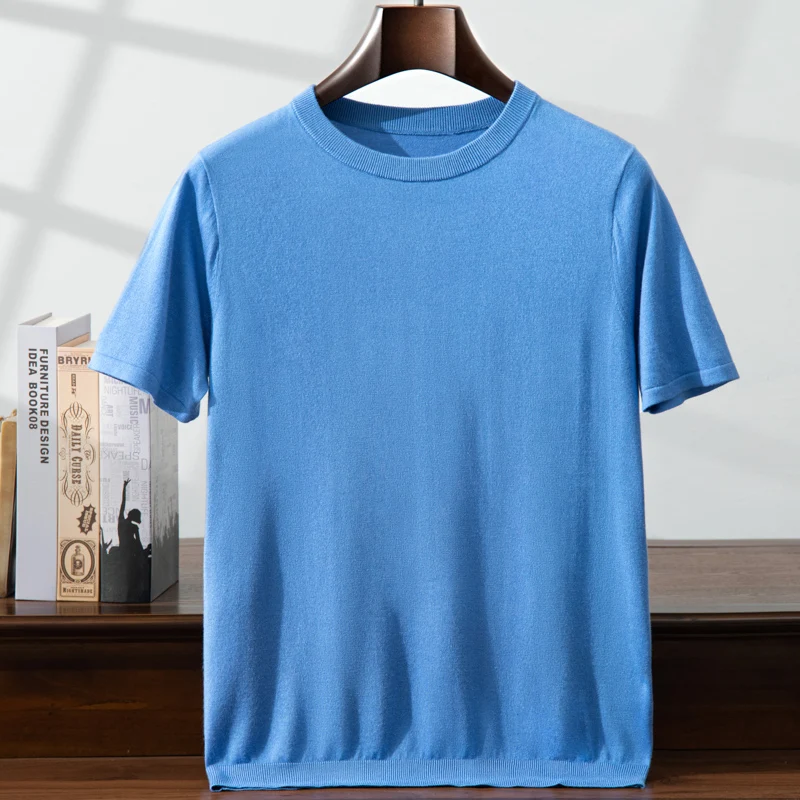 High Quality Fine 15% Cashmere 85% Mulberry Silk T-shirts Summer Men\'s Thin Pullovers O-Neck Short Sleeve Knit T-shirt Top Tees