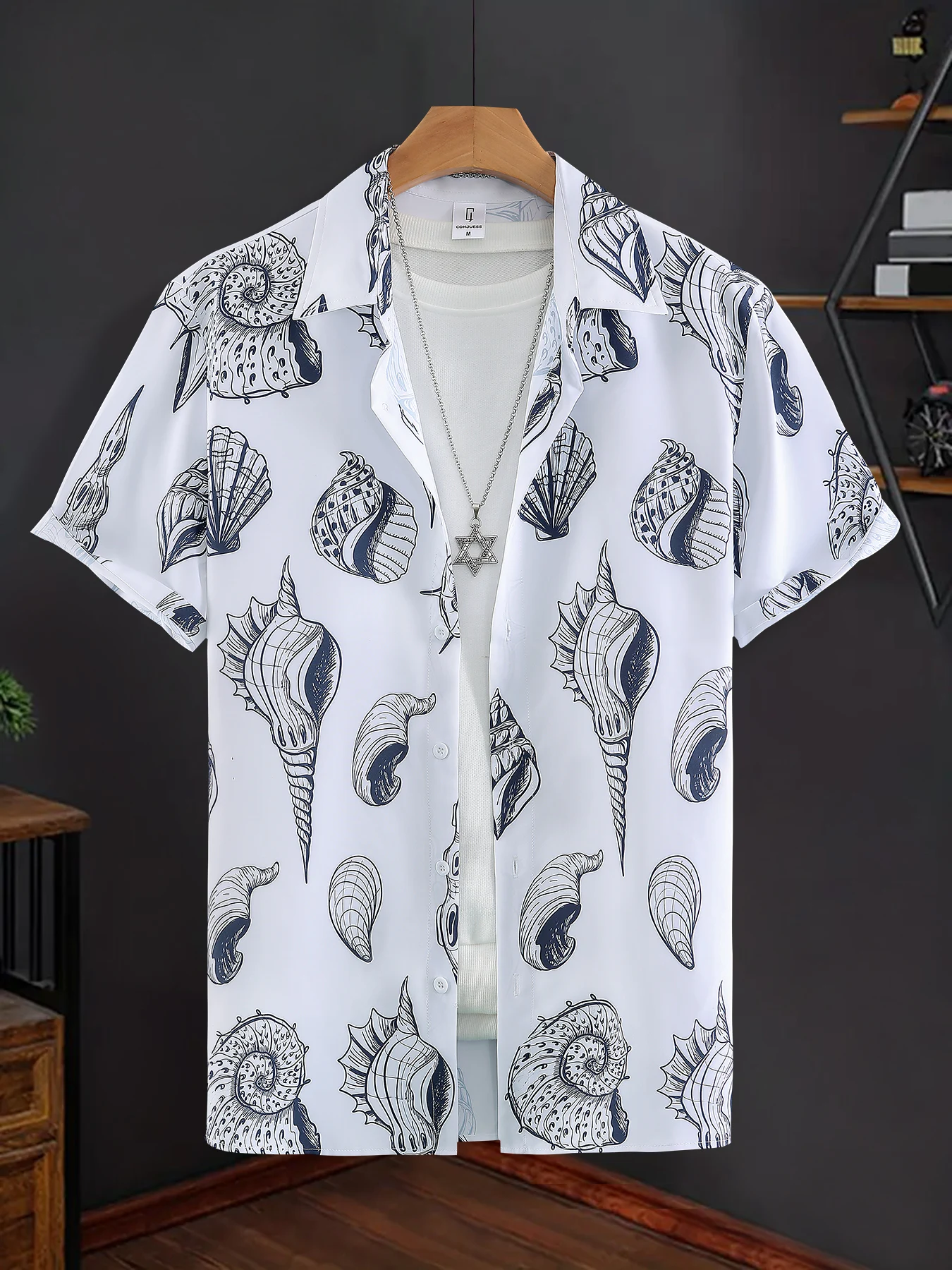 

Men's Seashell Print Lapel Short Sleeve Shirt Summer Beach Vacation Casual Loose Top