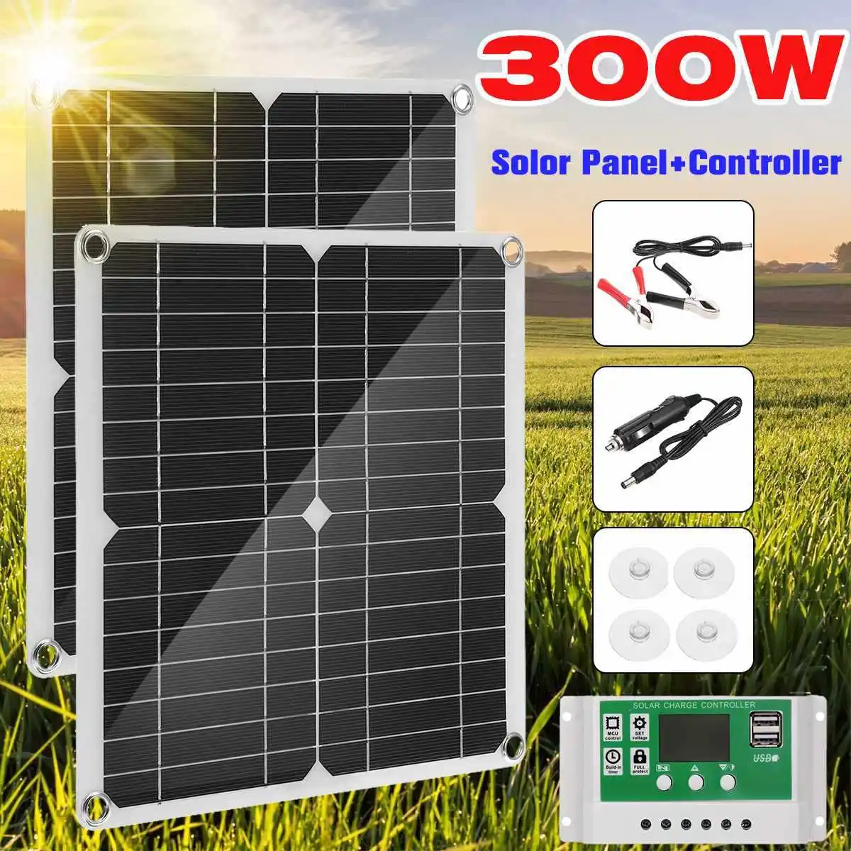 Solar Panel 300W Kit Complete Controller 12V Safe Charge USB Port Solar energy Charger for Home Camping Phone Car Yacht RV