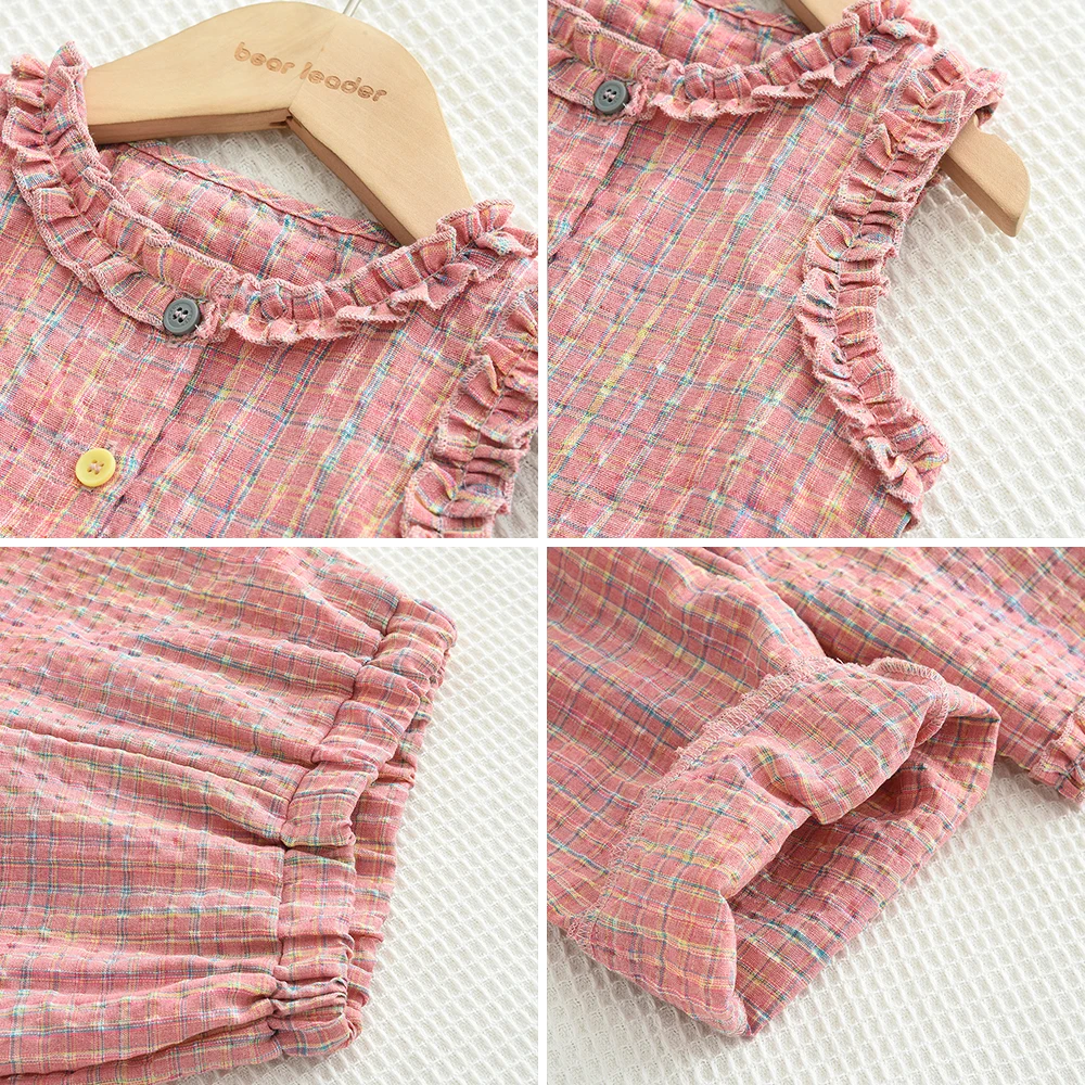 Bear Leader Summer Kids Fashion Outfits Girls Clothing Sets Pink Plaid Sleeveless Top + Wide Leg Pants Lace Two-piece Suits image 6