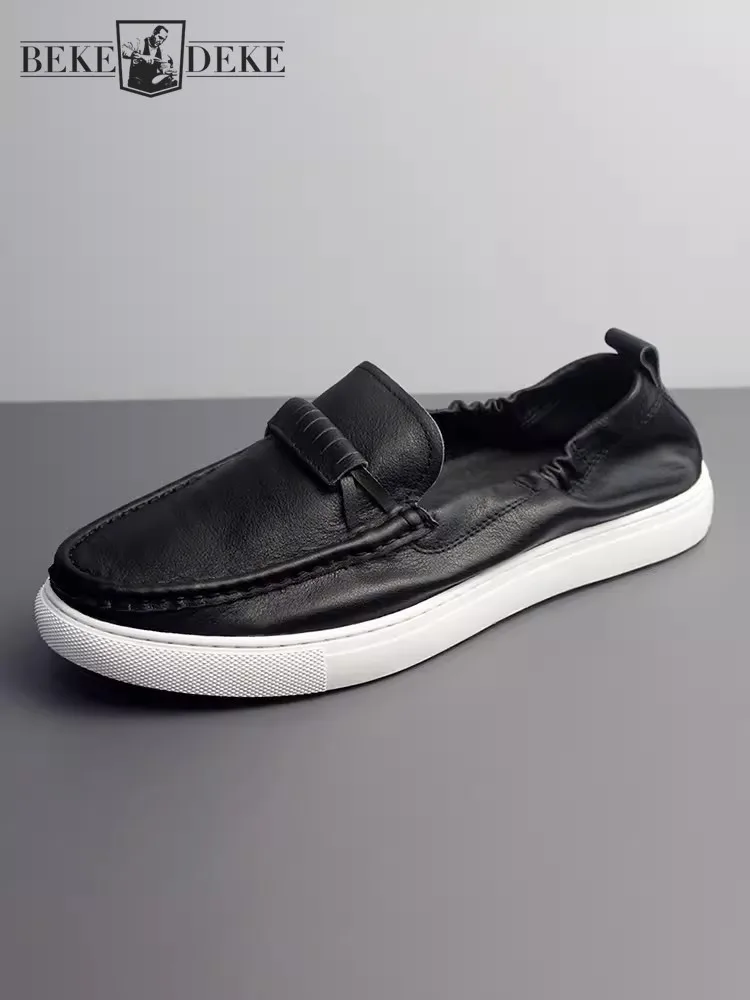 Mens Cowskin Genuine Leather Shoes Slip-On Daily Casual Shoes New Spring Summer Breathable Fashion Flat Shoes Loafers Male