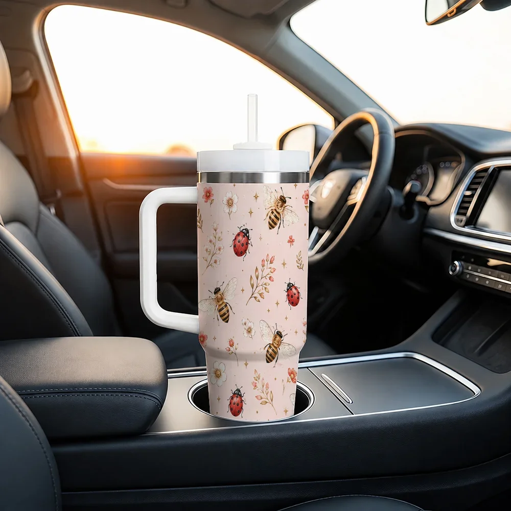 Pink Red Dragonfly Floral 40oz Tumbler with Handle Straw Insulated Travel Cup Cute Insect Gift