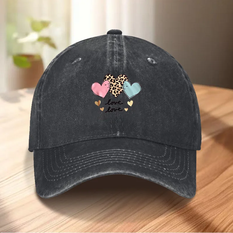 Leopard Heart Love Print Baseball Cap Casual Cotton Adjustable Unisex Sports Dad Hat