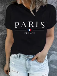 Paris Printed T-Shirt, Short Sleeve Crew Neck Casual Top, Summer and Spring, Women's Clothing