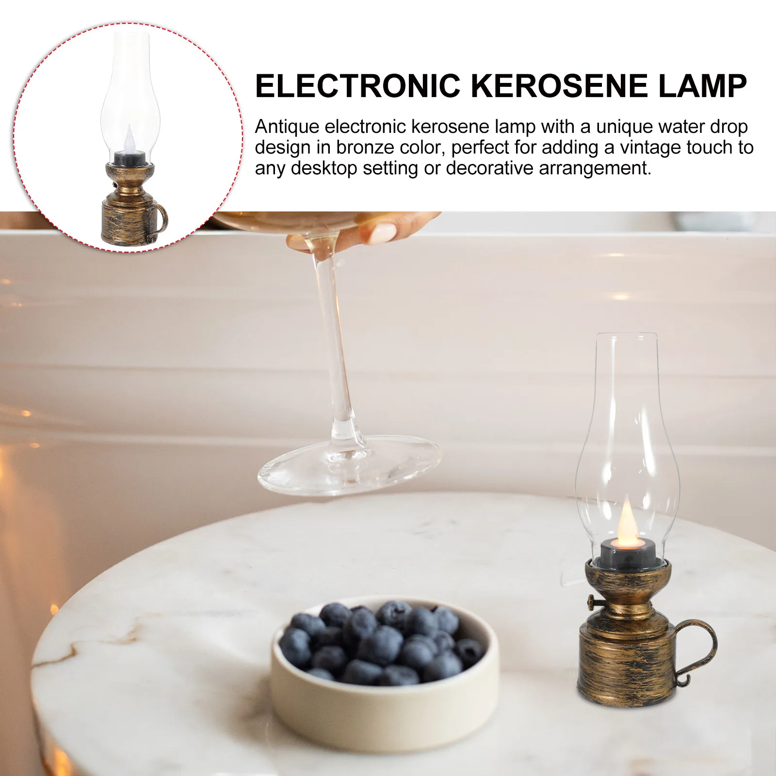 

Electronic Bronze Vintage Oil Lamp Desktop Decor Home Office Flameless Table Lamp Plastic Retro Light