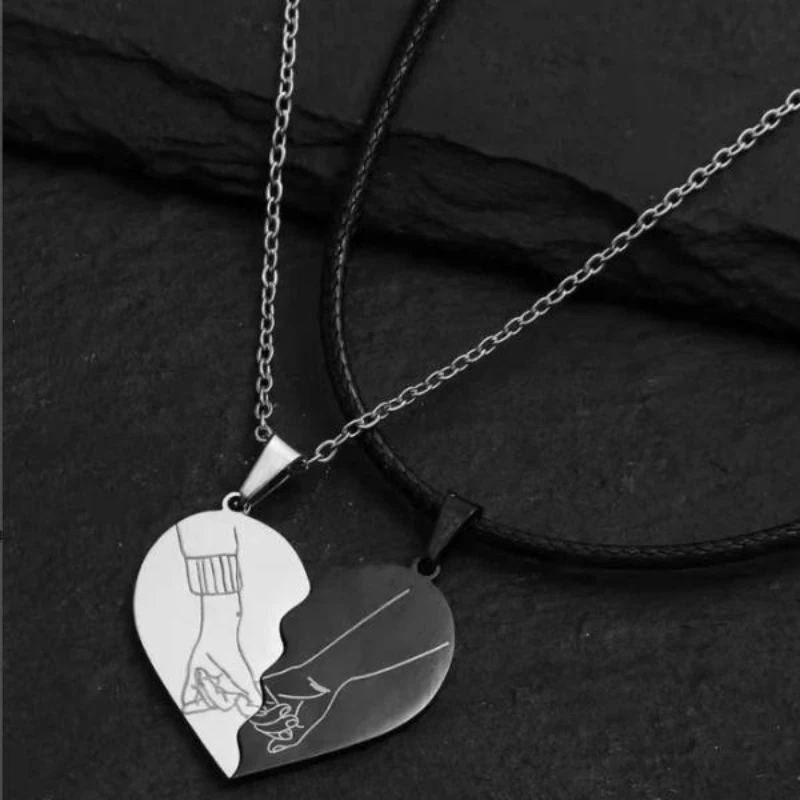 

Colorblock Heart Shaped Pendant Matching Necklace, Street Versatile Titanium Steel Pendant Couple Necklace