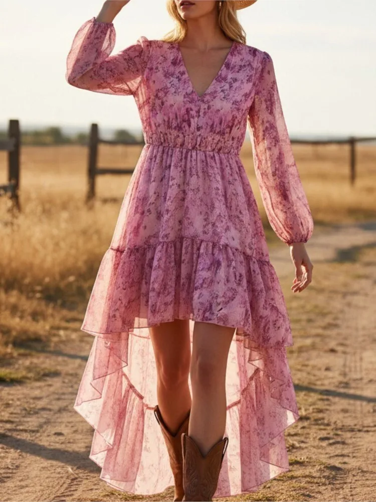 تنورة نسائية جديدة بتصميم بوهيمي وياقة على شكل V وخصر مطاطي عالي وحافة غير منتظمة متعددة الطبقات، فستان طويل بأسلوب البريري الأنيق للحفلات والشاطئ