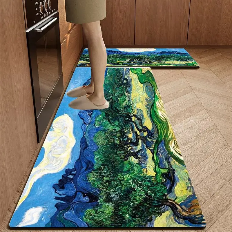 VIKAMA 2 Stück Küchenteppich im Ölgemälde-Stil, wasserabsorbierend, ölbeständig und rutschfest, Eckteppich für Heimdekoration