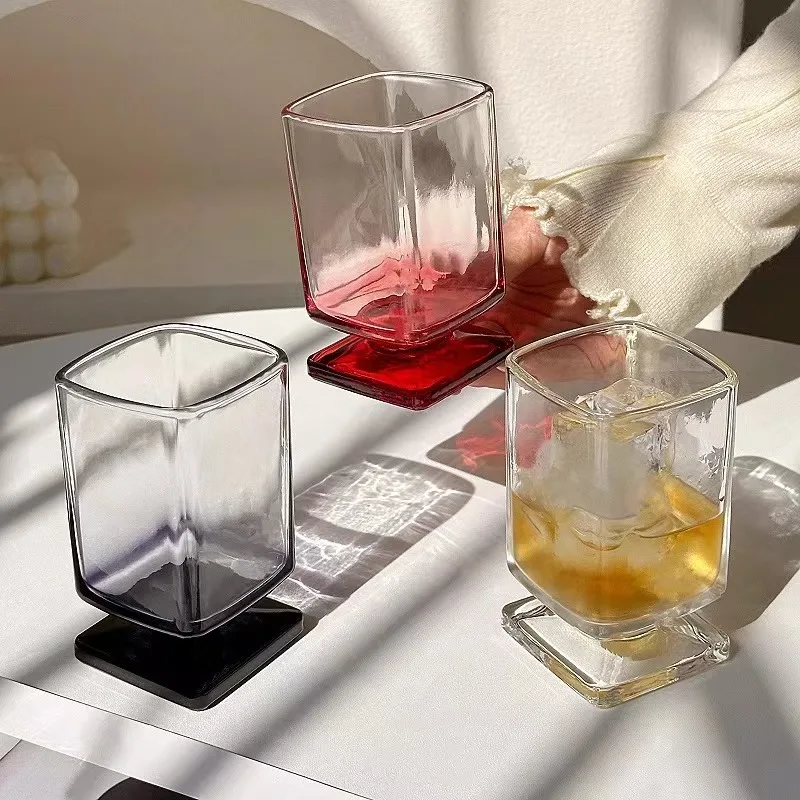 180ml Retro Square Glass Cups Short Foot Drinkware Multicolored Kitchen Glass Juice Bubble Water Espresso Cups Kitchenware Gifts