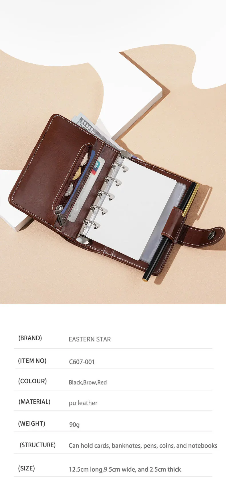 New M5 Binder Wallet PU Leather Cash Stuffing Binder Refillable Notebook Shell Loose Leaf Folders 6 Ring Budget Binder with Snap