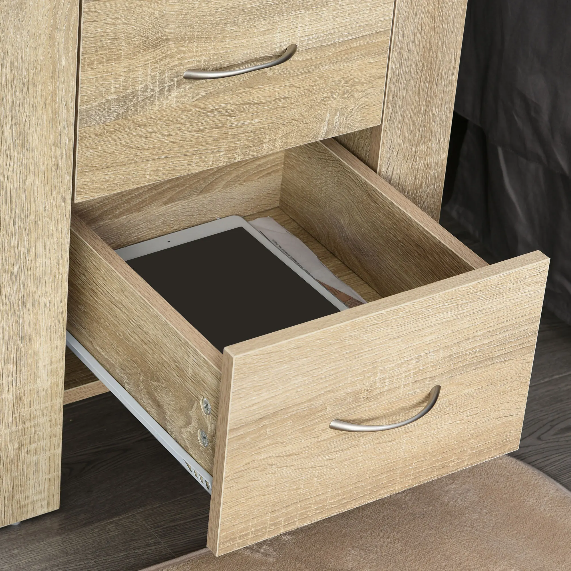 HOMCOM 2 Drawer Boxy Bedside Table w/ Handles Elevated Base Oak Brown