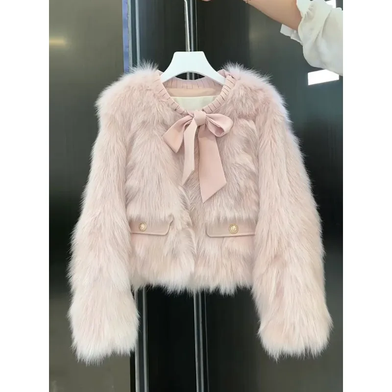 

Women Pink Eco-friendly Faux Fox Fur Short Tassel Trim Designer Ageing Jacket Furry Top Warmth Luxury Niche Jacket Women