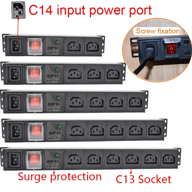 PDU Power Strip Unit IEC C14 port power input 2-10 C13 Outlet socket Surge protection cabinet rack wall desktop mounted Socket