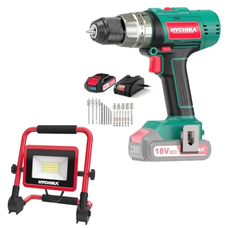 

18V Cordless Hammer Drill Driver 30W LED Work Light 2-Tool Power Tool Set Combo Kit