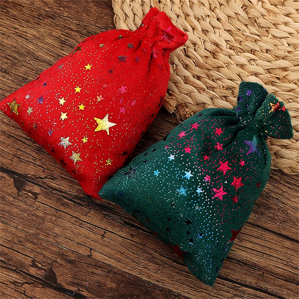 1pcs Star Snowflakes Velvet Drawstring Bags Merry Christmas Candy Biscuits Pouchs Organizer Party Gift Bag Jewelry Storage Bags