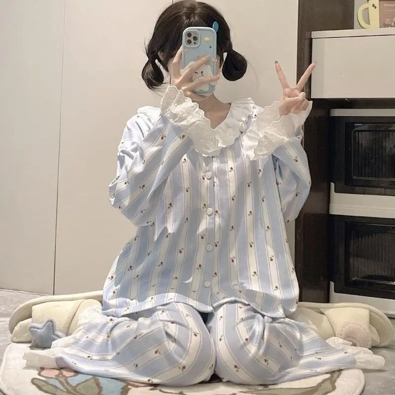 

Женский пижамный комплект, модная домашняя одежда, пижамы с длинными рукавами, кружевные пижамы с цветочным принтом для девочек, домашняя одежда, новый сезон, милый стиль принцессы, корейский стиль