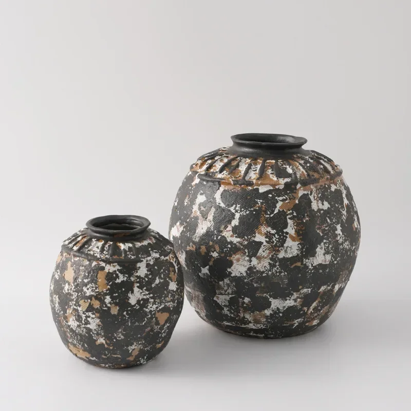 Round belly ceramic vase retro home model room coarse pottery pottery pot flower decoration