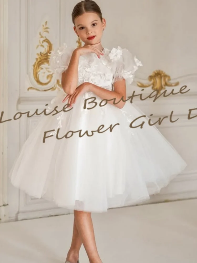 فستان فتاة الزهور الجنية برقبة دائرية وأكمام قصيرة مزين بالدانتيل فساتين تول لحفلات الزفاف للفتيات أول مناولة رداء حفلات أعياد الميلاد
