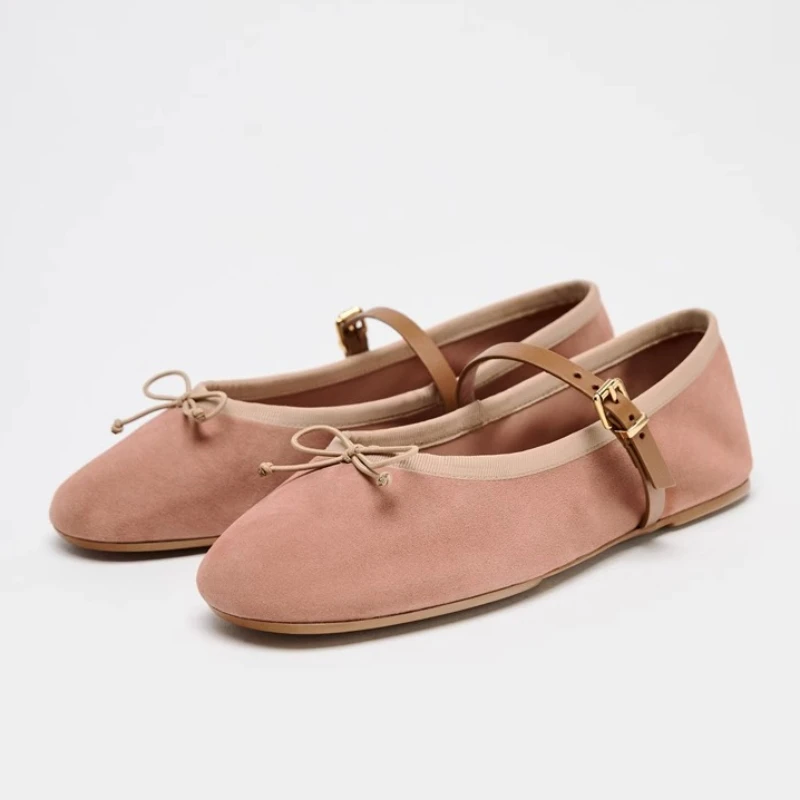 Ballerines de styliste pour femmes, bout rond, nœud en Faux daim, chaussures confortables Mary Jane, boucle à la mode, chaussures de soirée élégantes et peu profondes