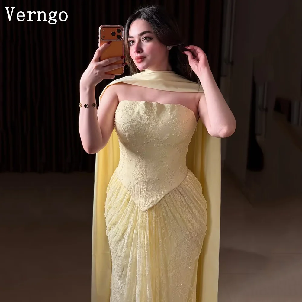 

Verngo Yellow Chiffon Lace Evening Dress Strapless Mermaid Pleated Formal Dress Florr Length Prom Party Dress Customized