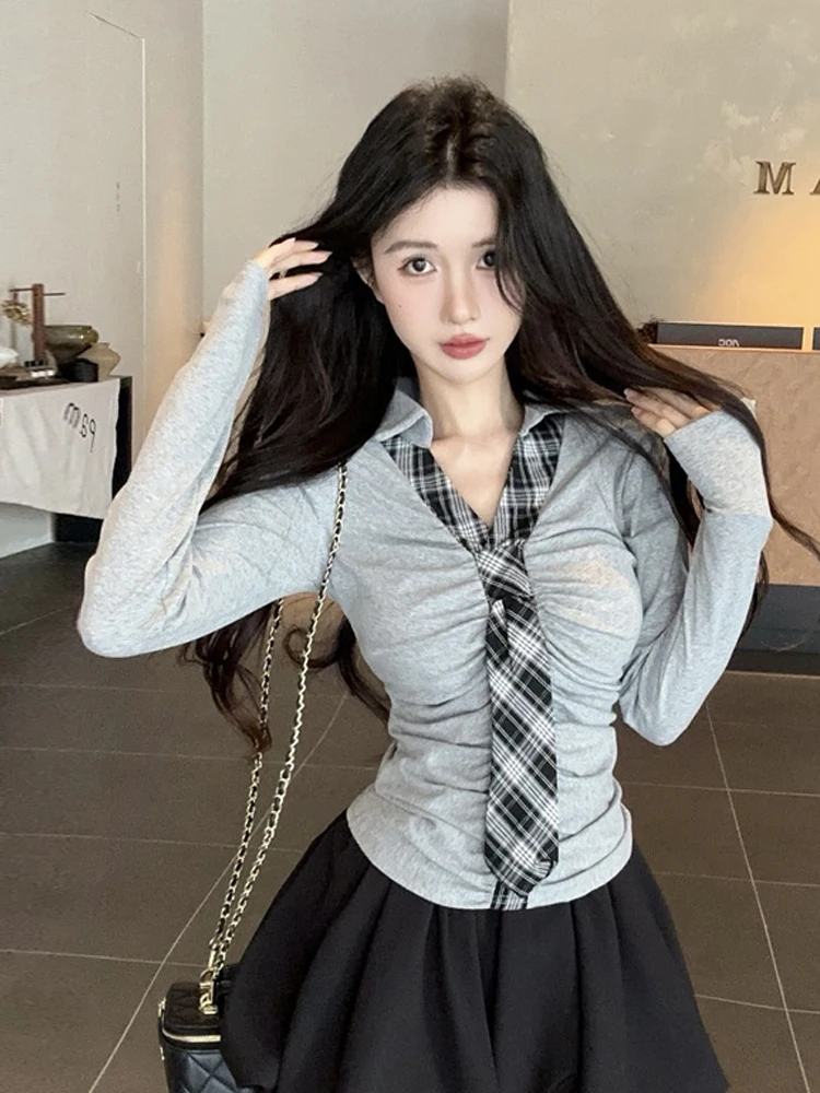 Color Block Long Sleeve T-Shirt Women's Slim Fit Base Layer Pleated Design Sensation Belt Young Sweet Commute Top