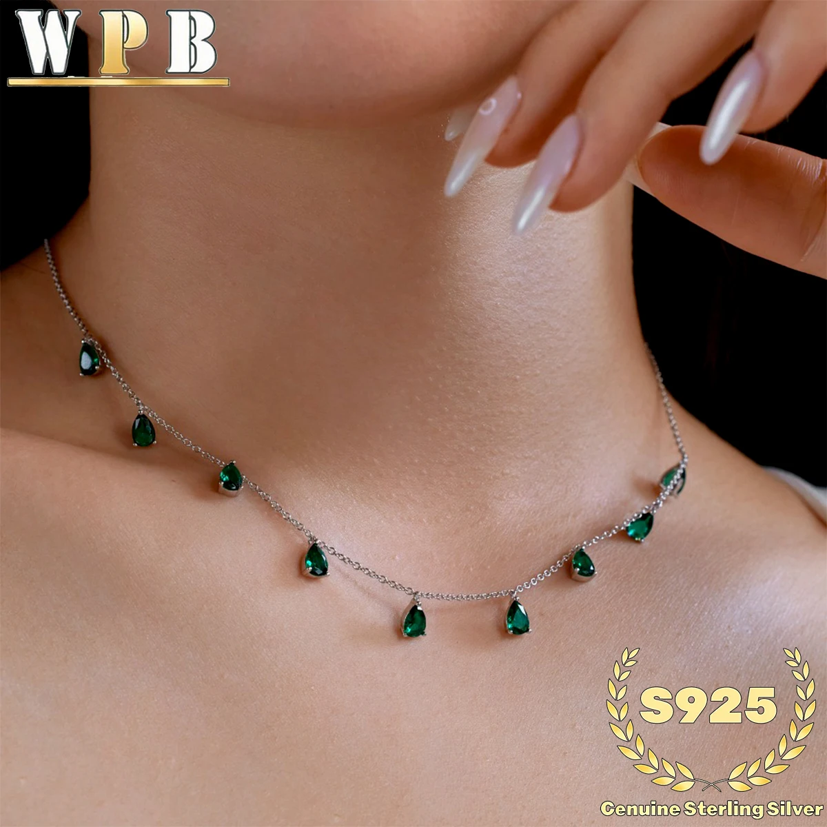 ‌Blue Zircon Teardrop Necklace 9 Stone S925 Sterling Silver Symmetrical Prong Setting Women Wedding Gift Daily Formal Jewelry