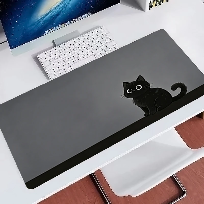 kawaii Black Cat Mouse Pads Office Extended desk mat Edge White Computer Accessories Speed Keyboard Desk Mat XXL Gaming Mousepad
