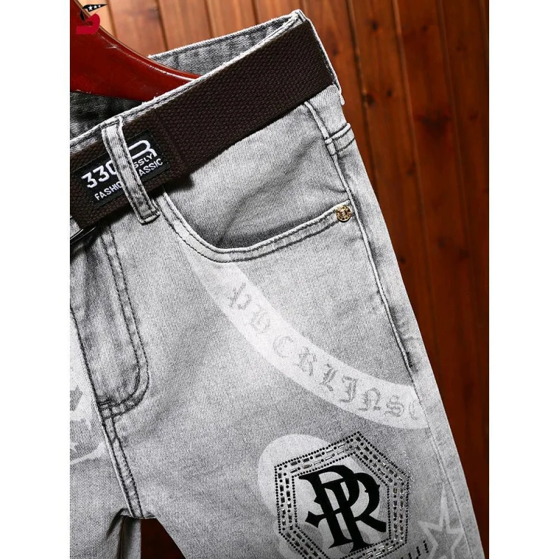 Shorts jeans estampados para homens, reto e slim fit, comprimento médio, calça casual, moda de rua, elástico, high-end, verão