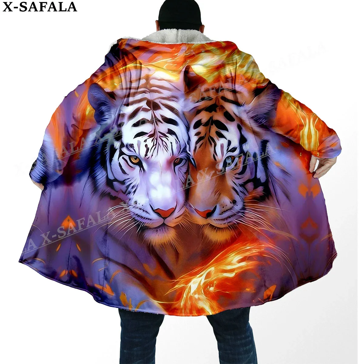 Mythology Tiger The King Spirit  Thick Warm Hooded Cloak Men Overcoat Coat Windproof Fleece Cape Robe Hooded Blanket-50