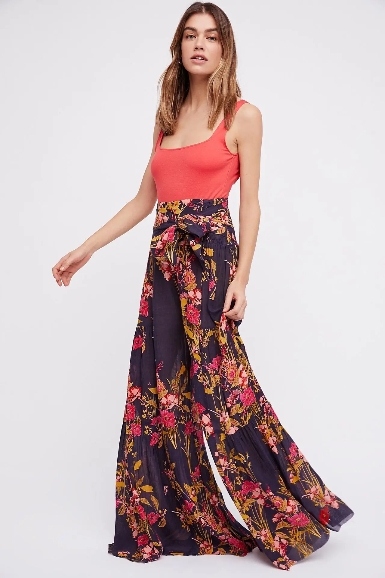 Women's Spring Summer Digital Printed Women's Loose Casual Beach Wide Leg Wrinkling Strap y2k Pants