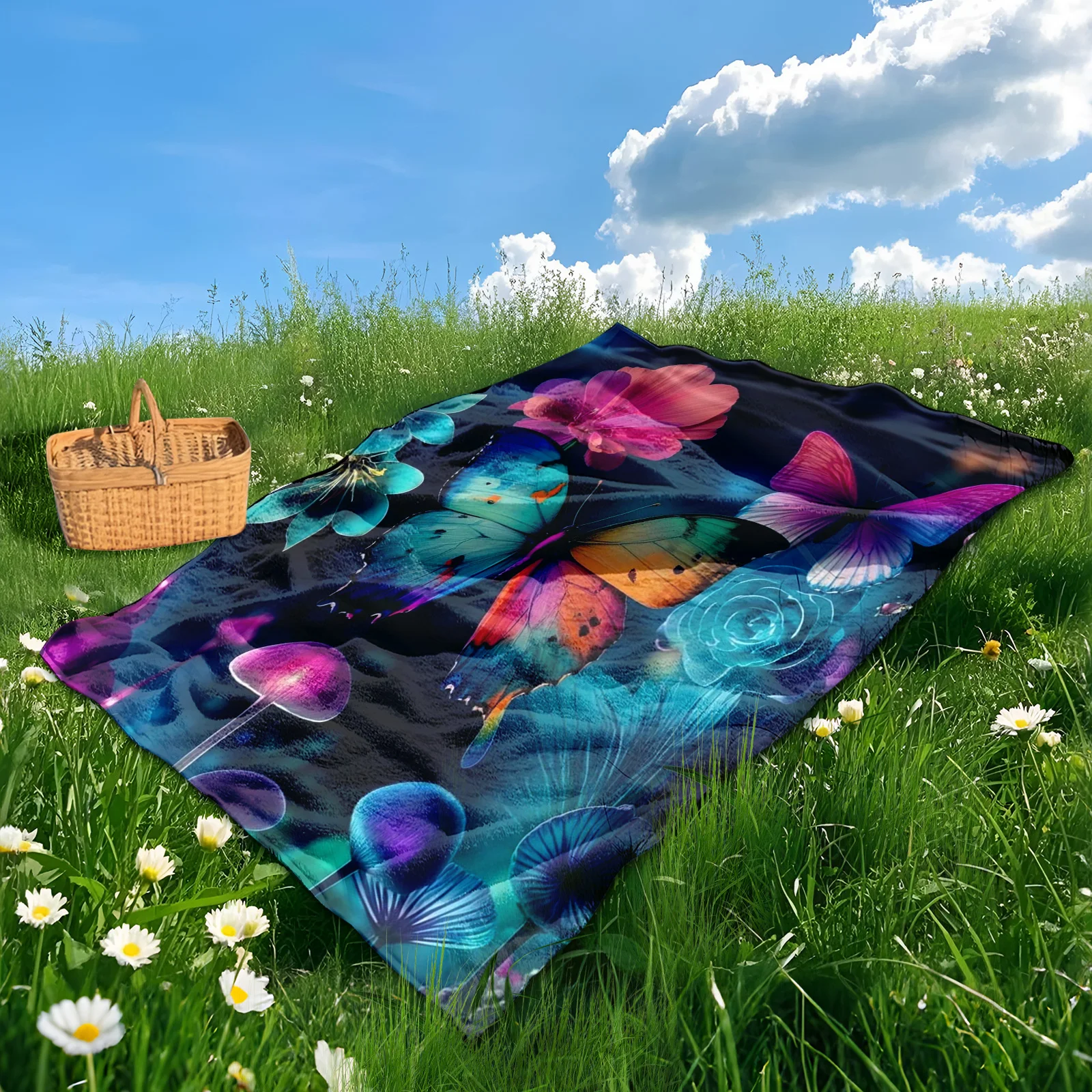 Encantadora manta al aire libre con temática de mariposas y setas en tonos azules y morados para picnics y aventuras naturales