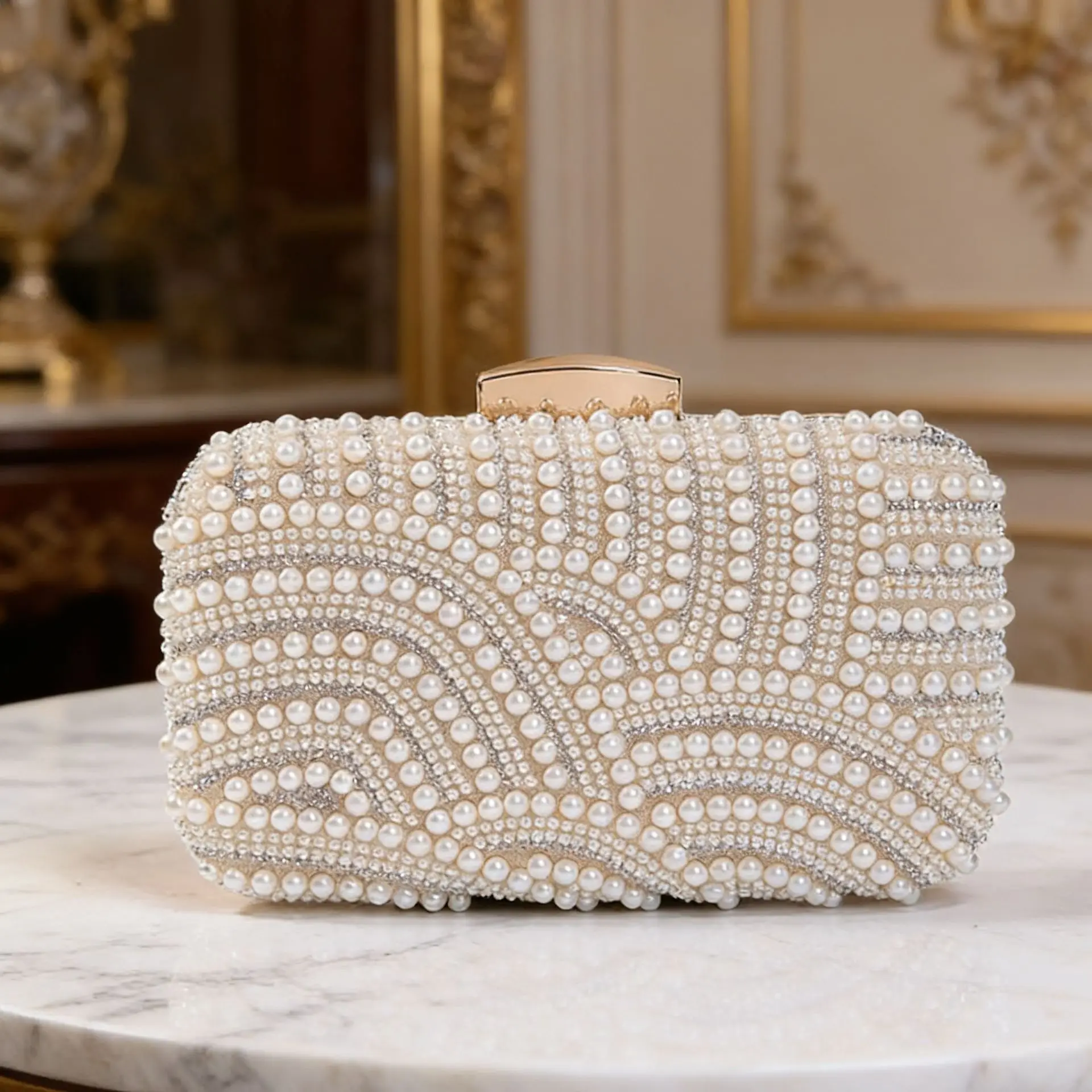 Ladies Pearl Elegant Evening Bag Fashionable Stylish Beading Wedding Dinner Party Banquet  Dress Clutch Bag with Long Chain