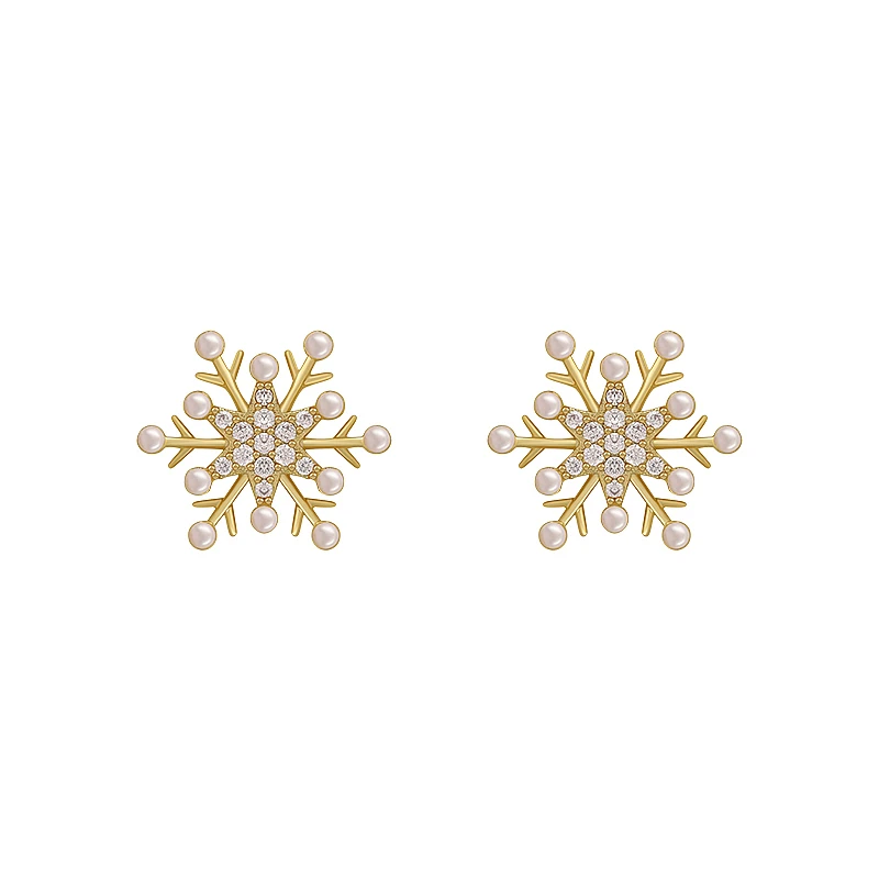 Winter Exquisite Pearl Snowflake Shape Golden Girls Earrings Elegant Accessories Korean Fashion Jewelry Sweet Earrings For Woman