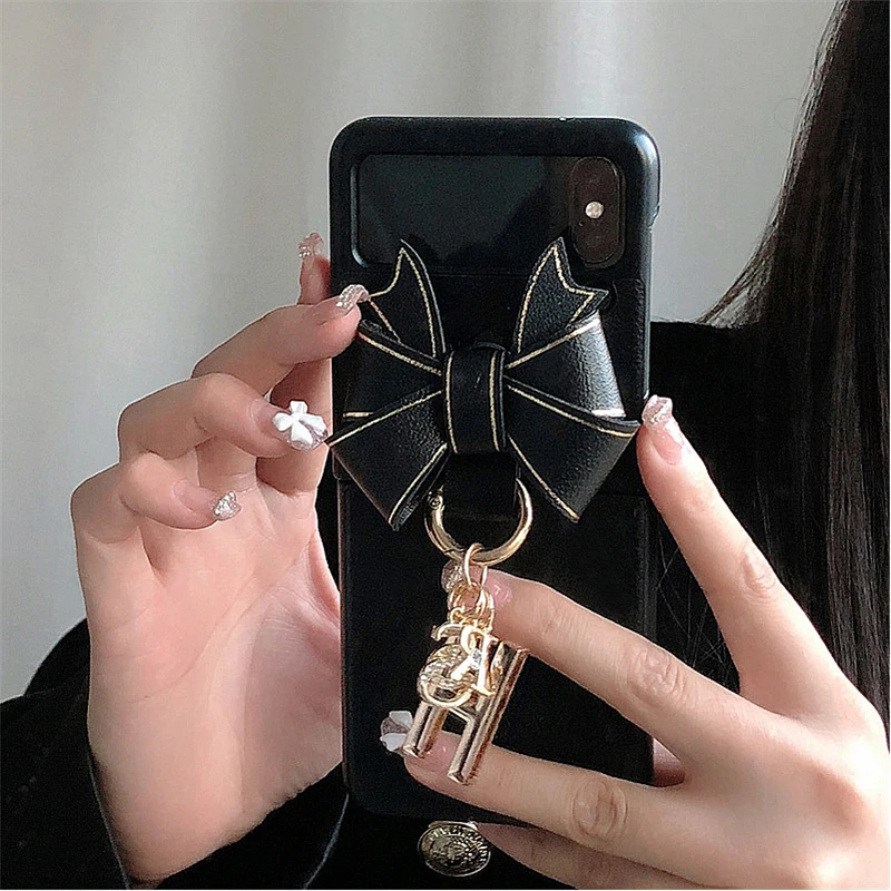 Cute PU Leather 3D Gold Edge Bowknot Phone Case For Samsung Galaxy Z Flip 5 4 3 Metal Rhinestone Figure Letter Charm Hard Cover