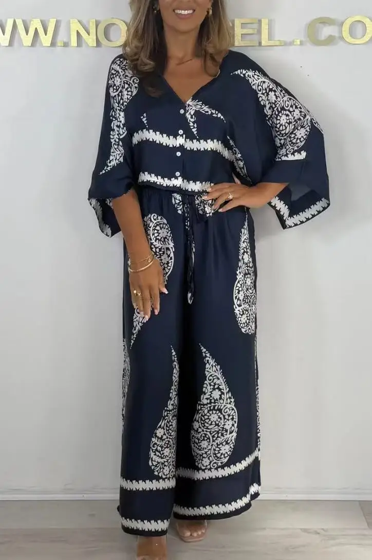 

Винтажный узор с принтом, комплекты из двух предметов, весенние рубашки с длинными рукавами + брюки с эластичной резинкой на талии, костюмы, повседневные женские свободные наряды на пуговицах Mujer