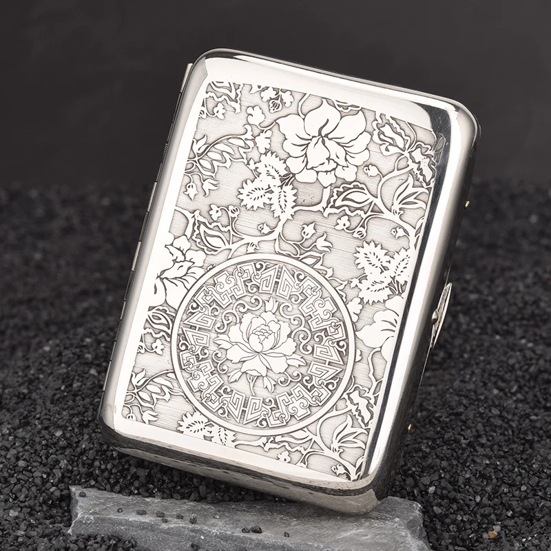 White Copper Cigarette Case 16 Sticks Double Sided Engraving Flower Fairy Koi Prajna Heart Sutra Ultra-thin Portable Men's Gift
