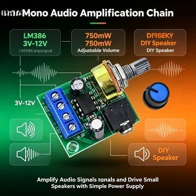 LM386 Super Mini Power Amplifier Module, DC 3-12V Mono Amp Board, 20-200 Gain Adjustable for Arduino