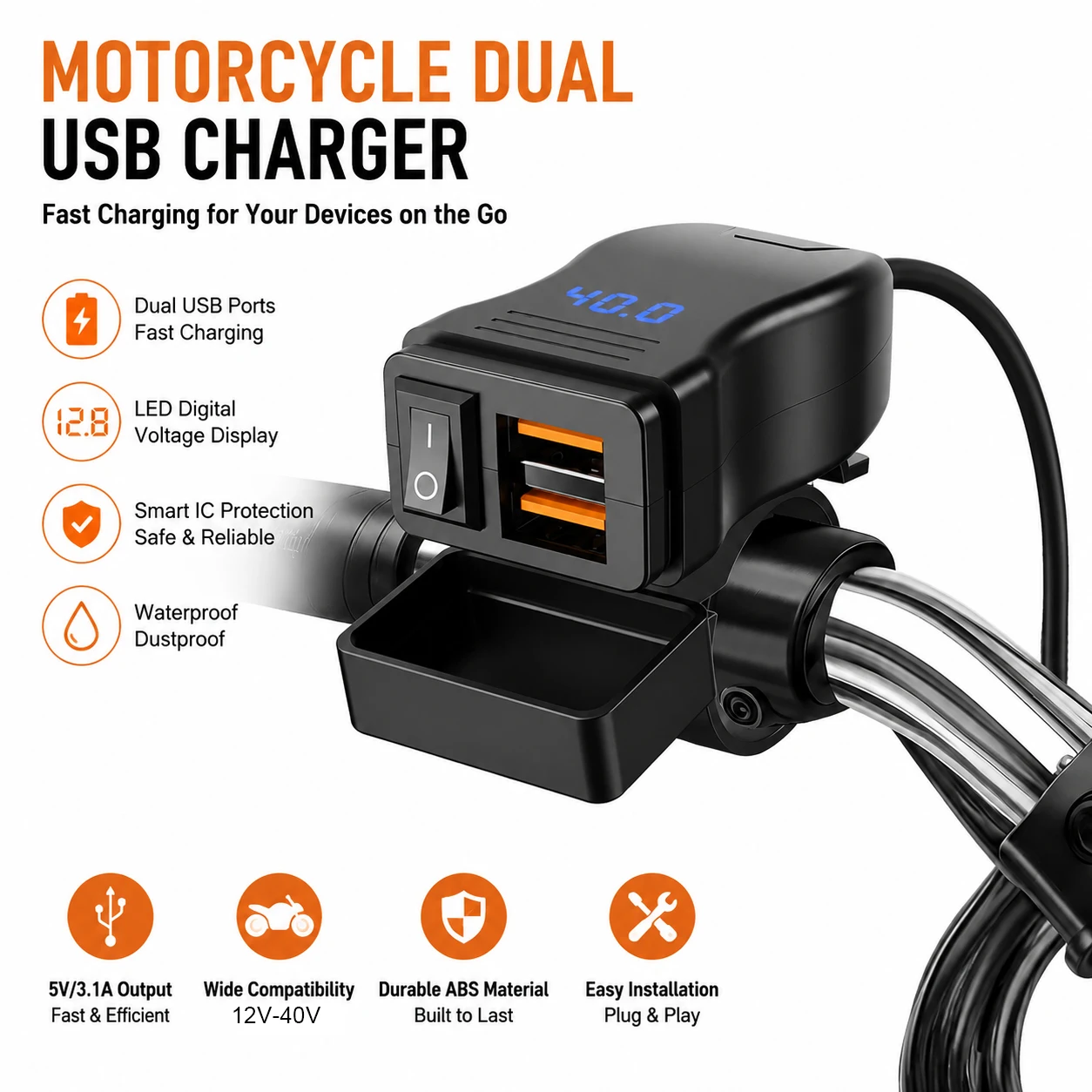 Waterproof Motorcycle USB Charger QC3.0 Screw-Locked Bracket 12V-40V Stable Output Power Supply Socket with Dust Cap LED