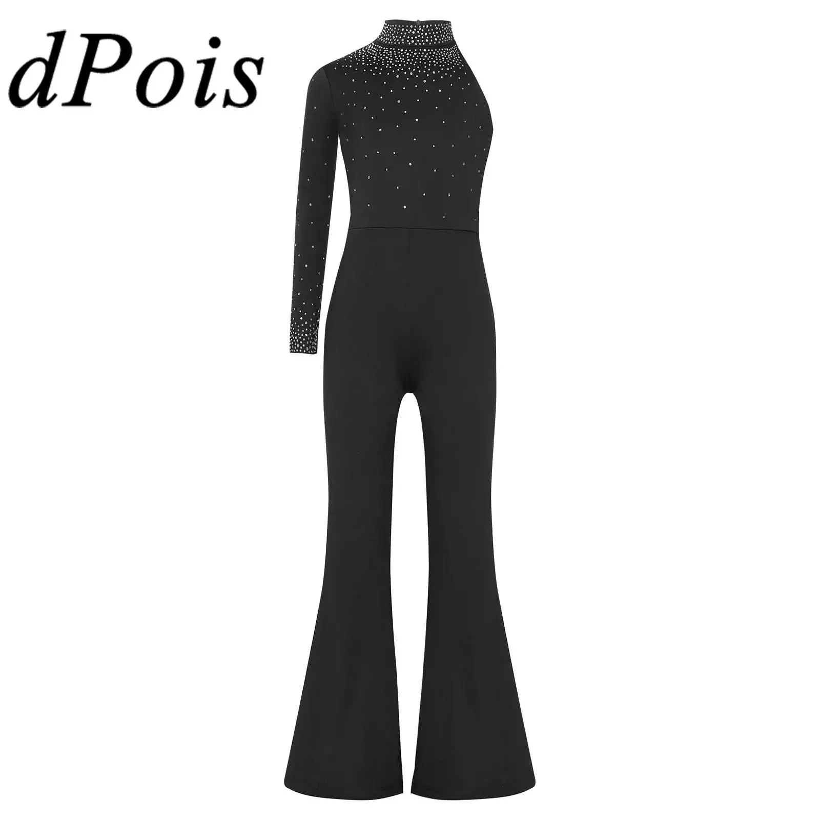 Kids Girls One Piece Rompers Shiny Rhinestones Mock Neck Single Long Sleeve Bell Bottom Pants for Lyrical Modern Dance Jumpsuit