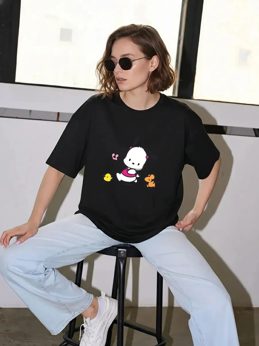 Sanrio Pochacco Women Short Sleeve T Shirt Cute Puppy Chick Mouse Cartoon Graphic Tee Kawaii Girls Summer Casual Oversized Tops
